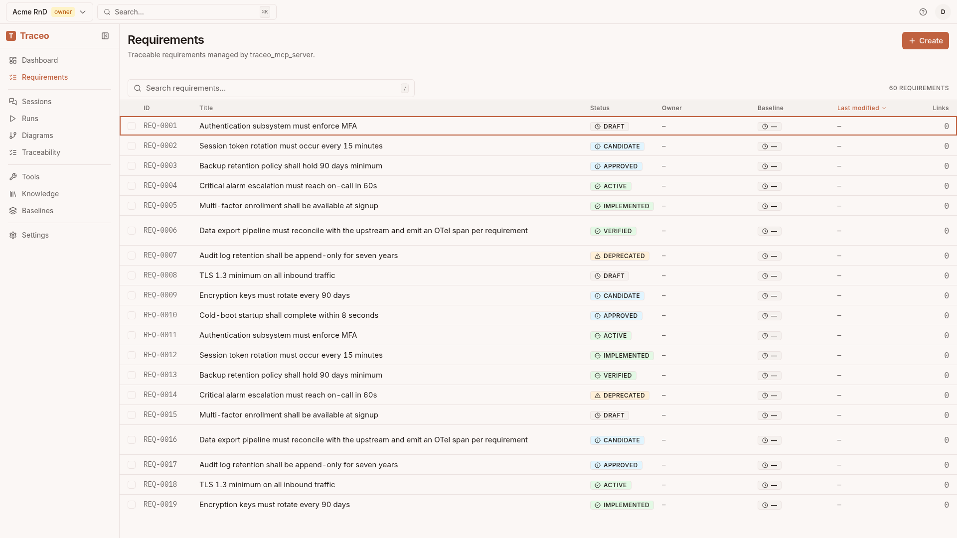 Traceo Requirements list view, 1,000 rows, keyboard-native.
